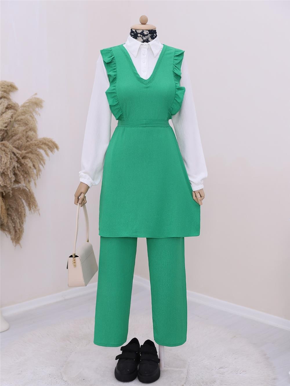 Frilly Front Half Buttoned Shirt Collar Double Crinkle Suit -Green-186-632-R35