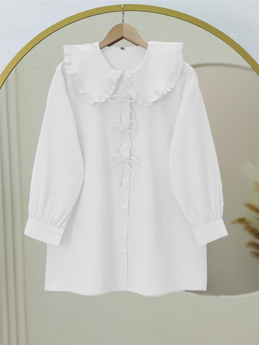 Önü Fiyonk Detaylı Bebe Yaka Poplin Gömlek  -Beyaz-120-1596-R02