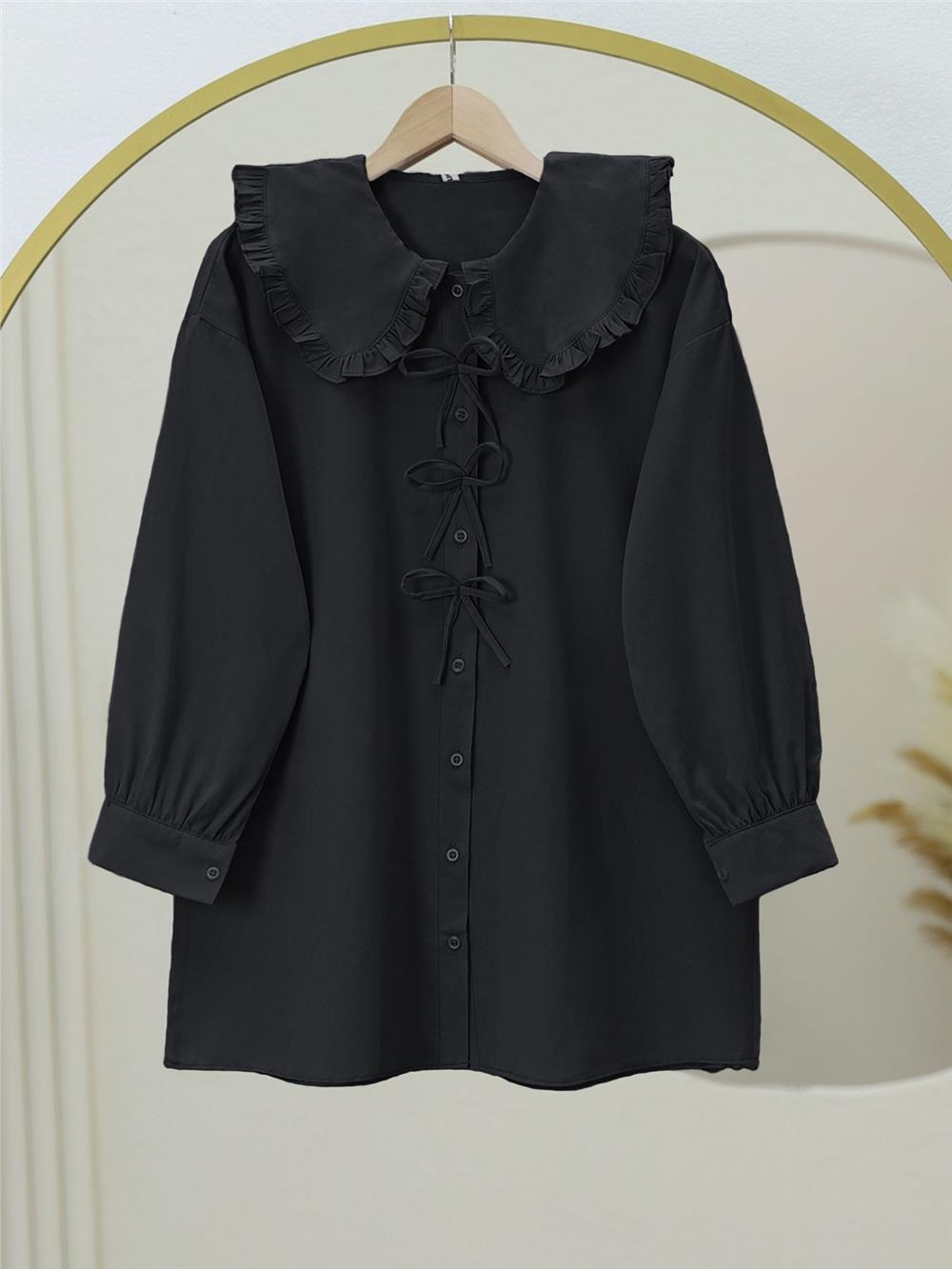 Önü Fiyonk Detaylı Bebe Yaka Poplin Gömlek      -Siyah-120-1596-R01