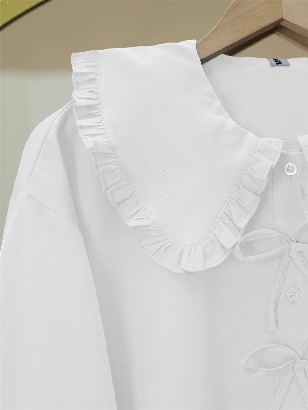 Önü Fiyonk Detaylı Bebe Yaka Poplin Gömlek  -Beyaz-120-1596-R02