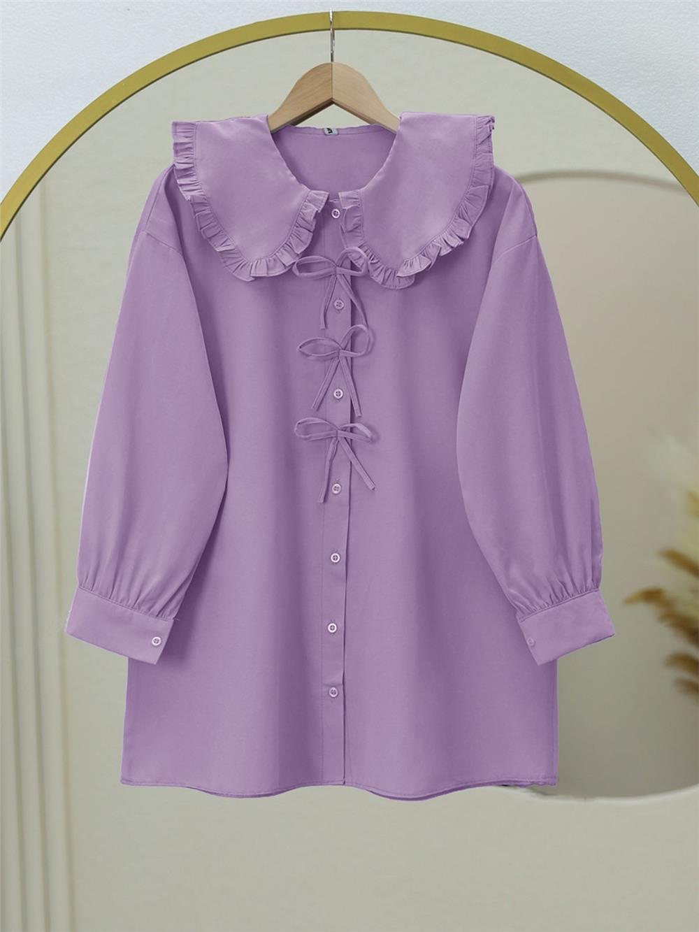 Önü Fiyonk Detaylı Bebe Yaka Poplin Gömlek -Lila-120-1596-R42