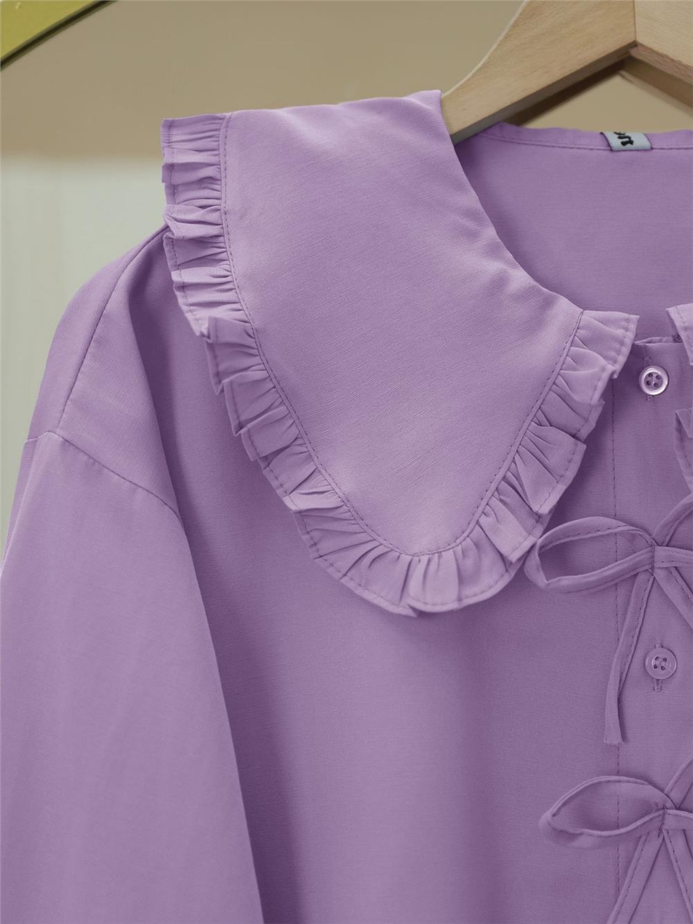 Önü Fiyonk Detaylı Bebe Yaka Poplin Gömlek -Lila-120-1596-R42