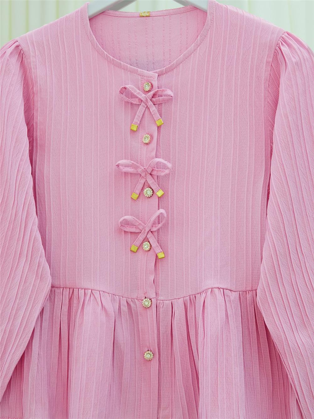 Önü Fiyonk Detaylı Düğmeli Kolu Lastikli Bluz -Pembe-398-1043-R20