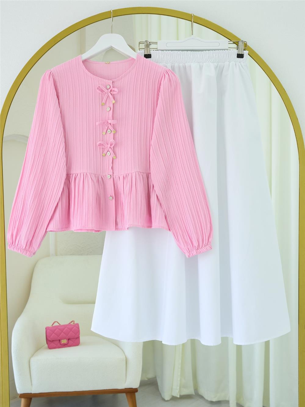 Önü Fiyonk Detaylı Düğmeli Kolu Lastikli Bluz -Pembe-398-1043-R20