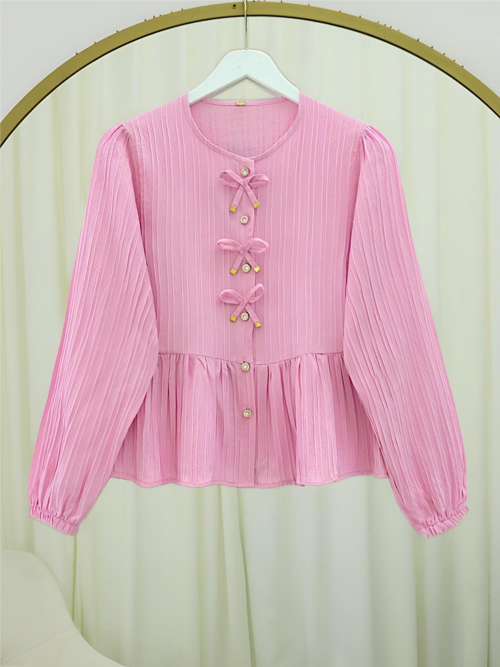Önü Fiyonk Detaylı Düğmeli Kolu Lastikli Bluz -Pembe-398-1043-R20