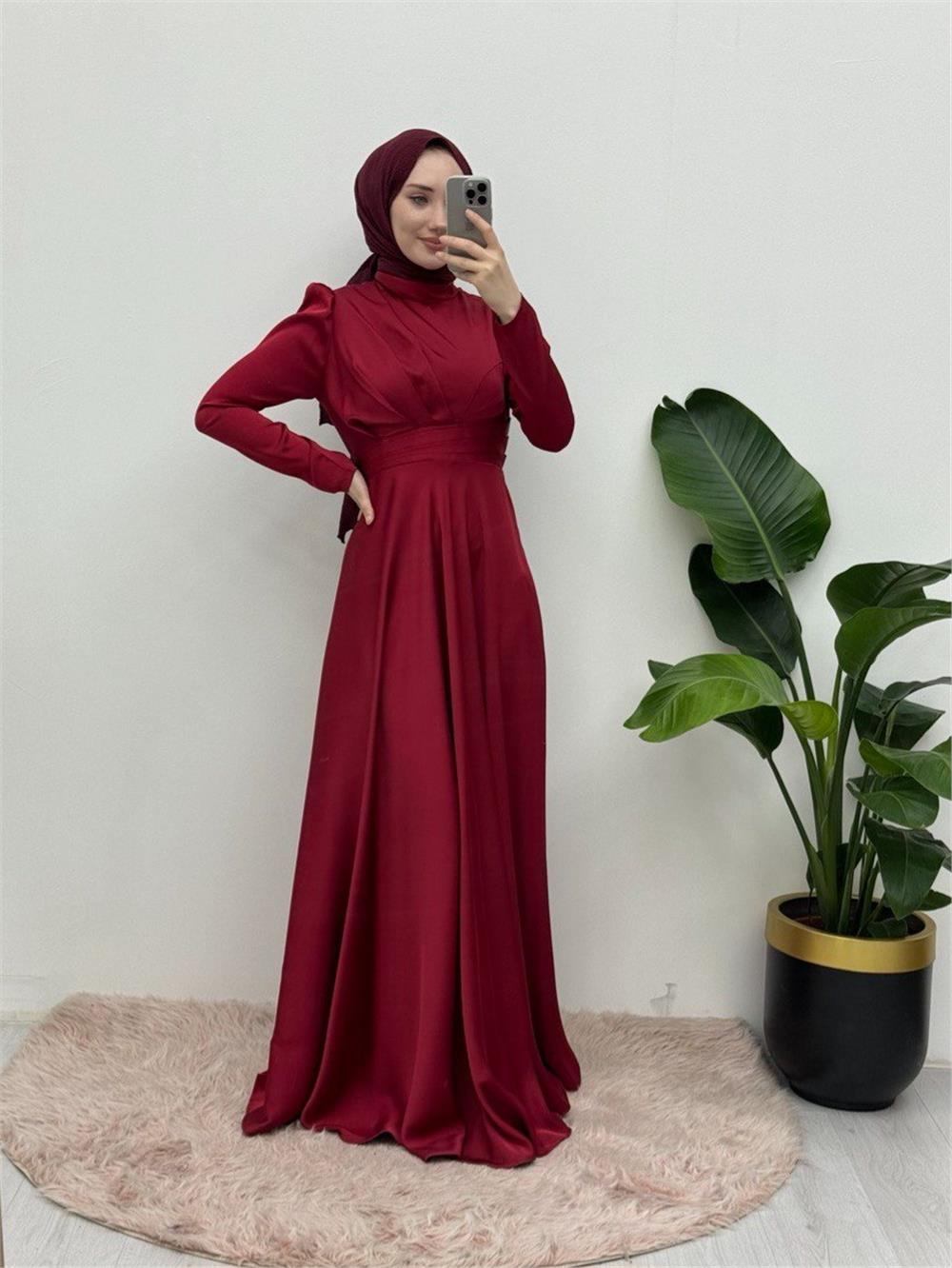 Front Pleated Satin Evening Dress -Maroon-337-6759-R04
