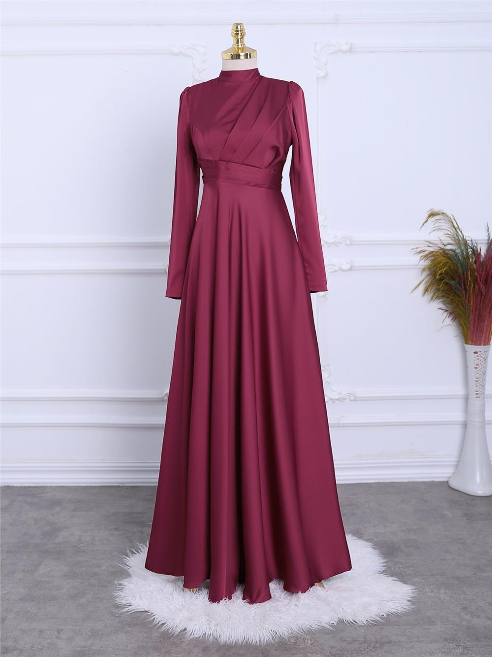 Front Pleated Satin Evening Dress -Maroon-337-6759-R04