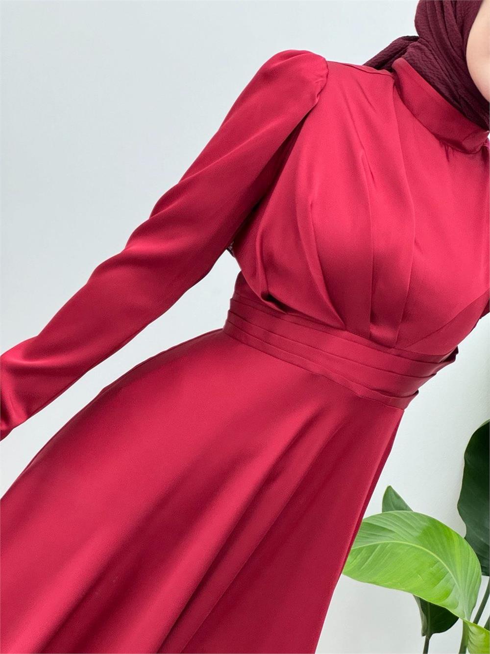 Front Pleated Satin Evening Dress -Maroon-337-6759-R04