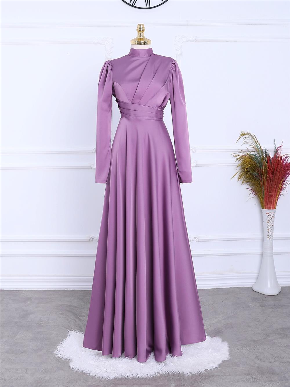Front Pleated Satin Evening Dress -Lilac-337-6759-R42
