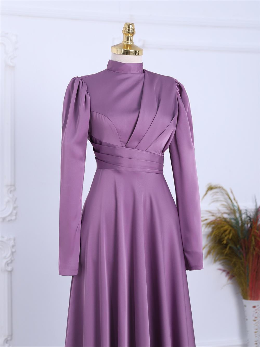 Front Pleated Satin Evening Dress -Lilac-337-6759-R42