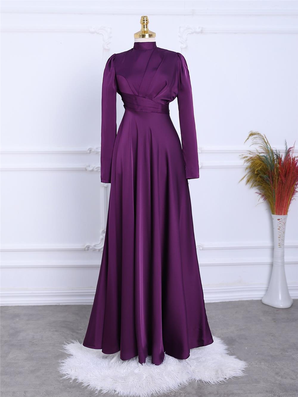 Önü Pliseli Saten Abiye  -Mor-337-6759-R34