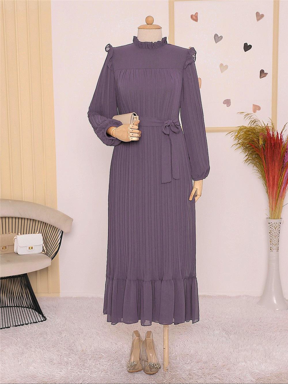Dress with front yoke, sleeves and pleated body -Lilac-111-61036-R42