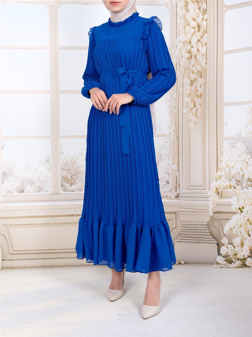 Dress with front yoke, sleeves and pleated body - Blue-111-61036-R31