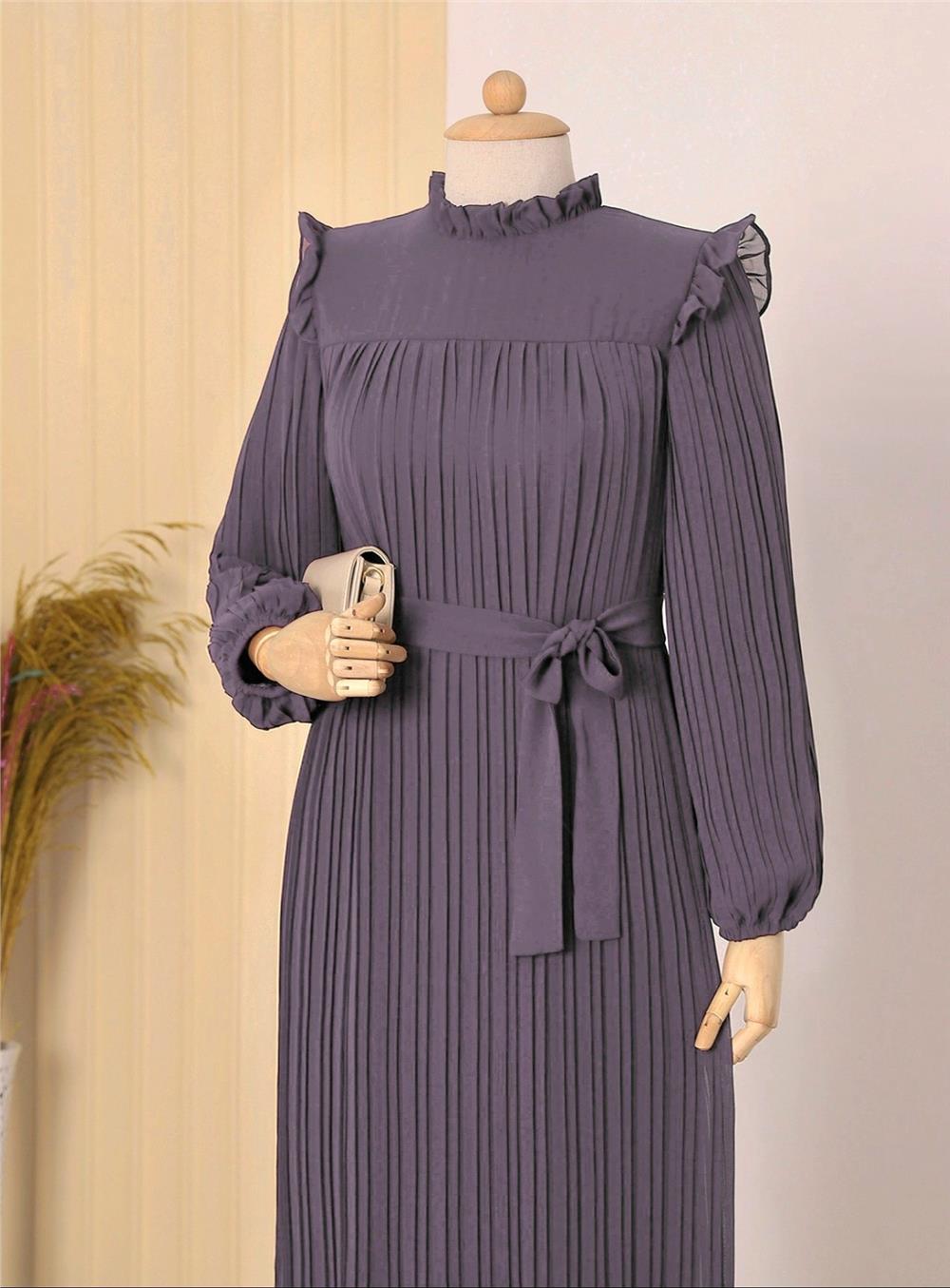 Dress with front yoke, sleeves and pleated body -Lilac-111-61036-R42