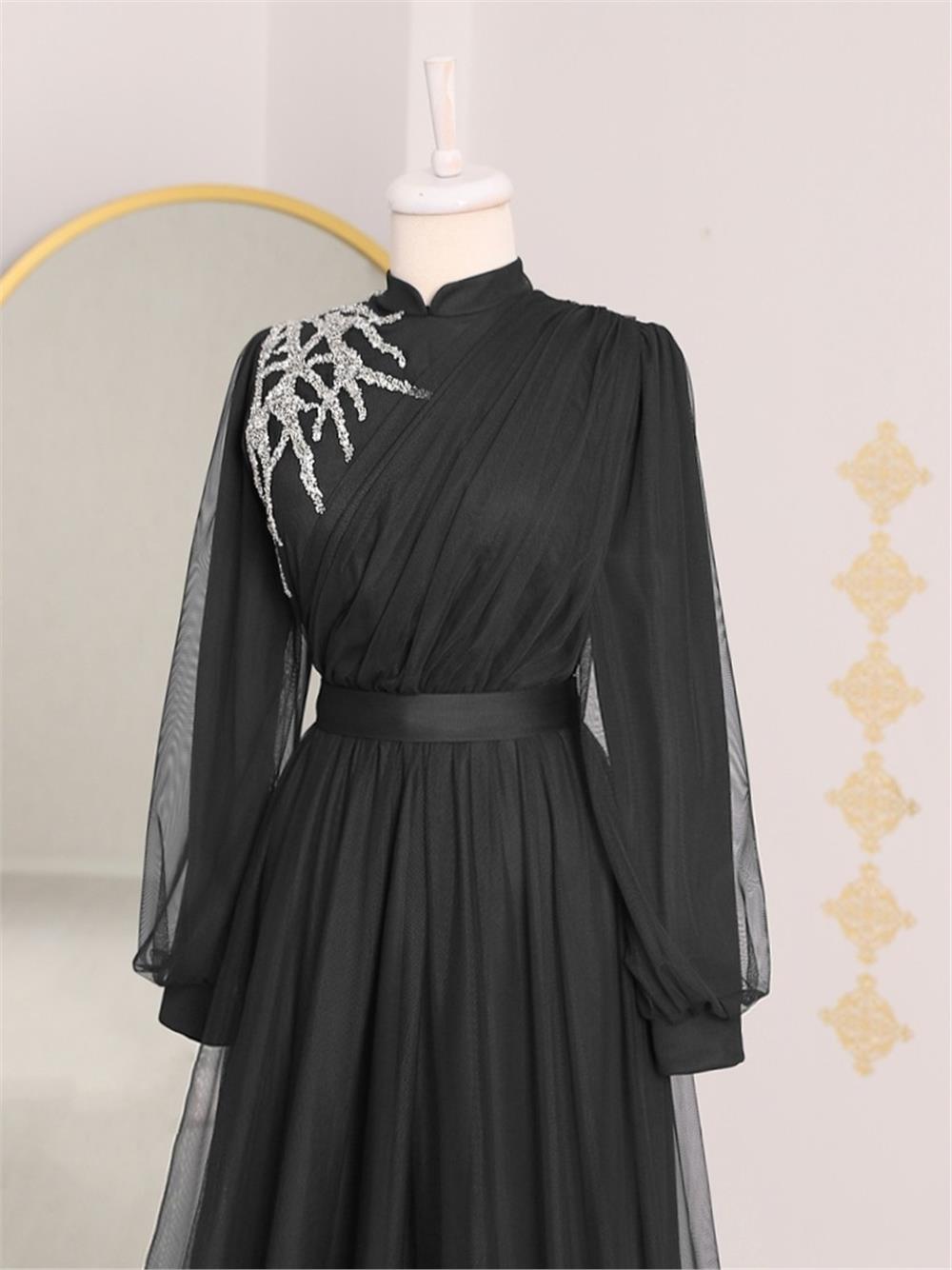 Stone Detailed Draped Belt Tulle Evening Dress -Black-316-4245-R01