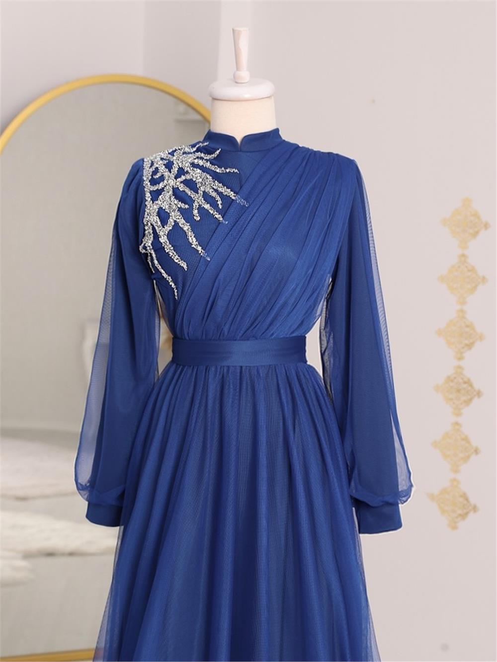 Stone Detailed Draped Belt Tulle Evening Dress -Saxe-316-4245-R10