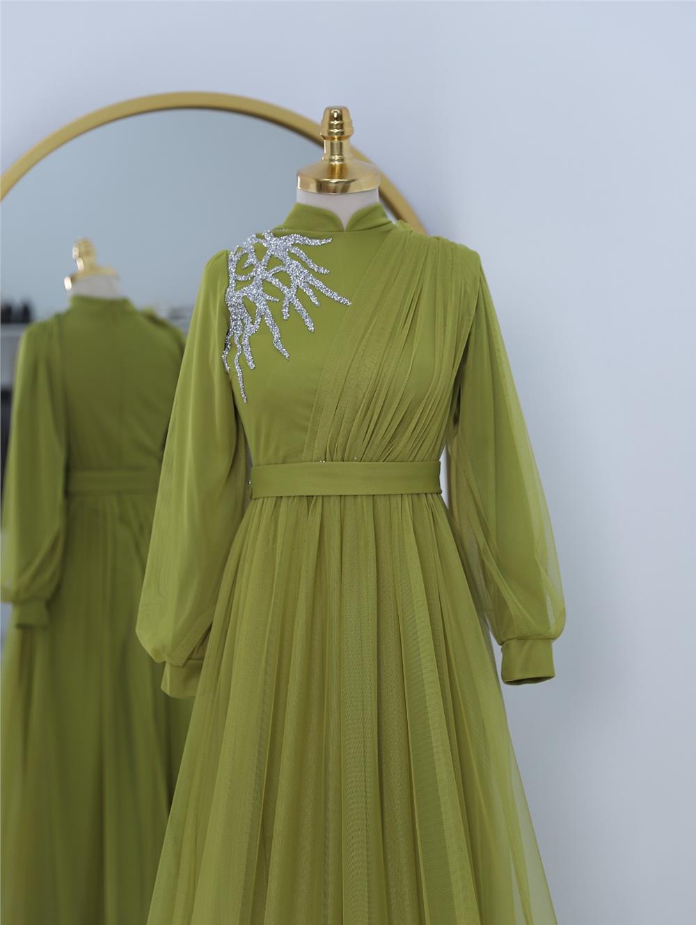 Draped Belted Tulle Evening Dress with Stone Detail on the Front -Oil Green-316-4245-R72