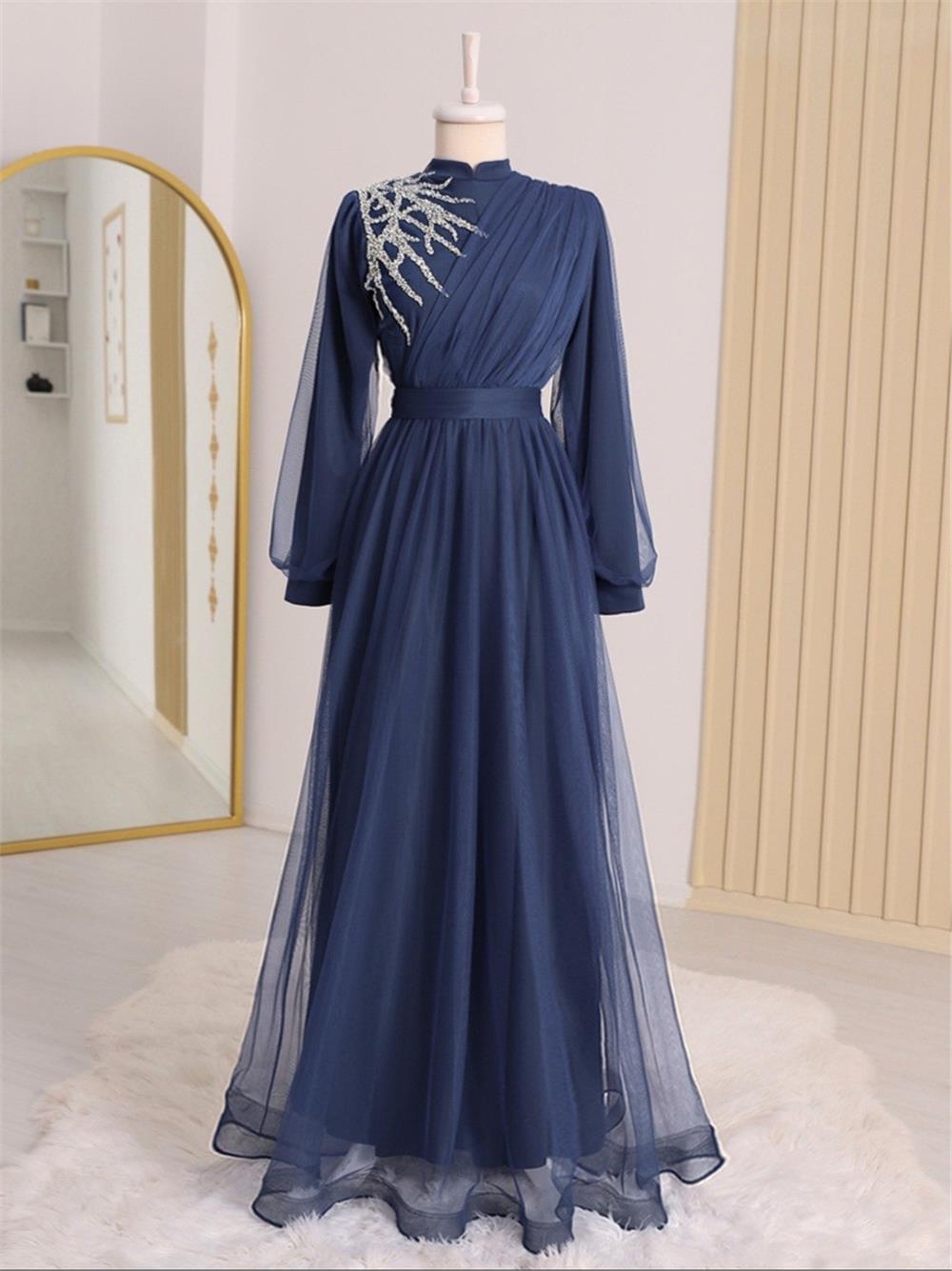 Stone Detailed Draped Belt Tulle Evening Dress   -Dark Blue-316-4245-R26