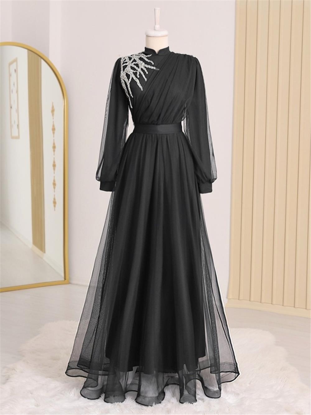Stone Detailed Draped Belt Tulle Evening Dress -Black-316-4245-R01