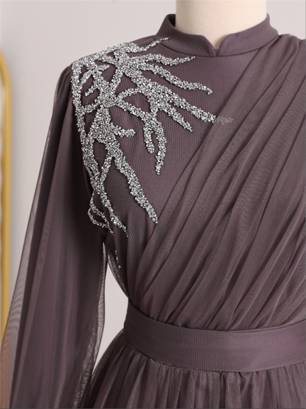 Stone Detailed Draped Belt Tulle Evening Dress -Cherry Color-316-4245-R44