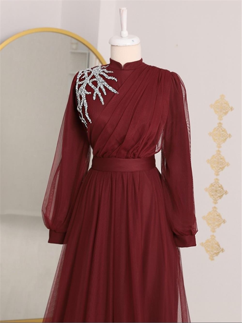 Stone Detailed Draped Belt Tulle Evening Dress -Maroon-316-4245-R04