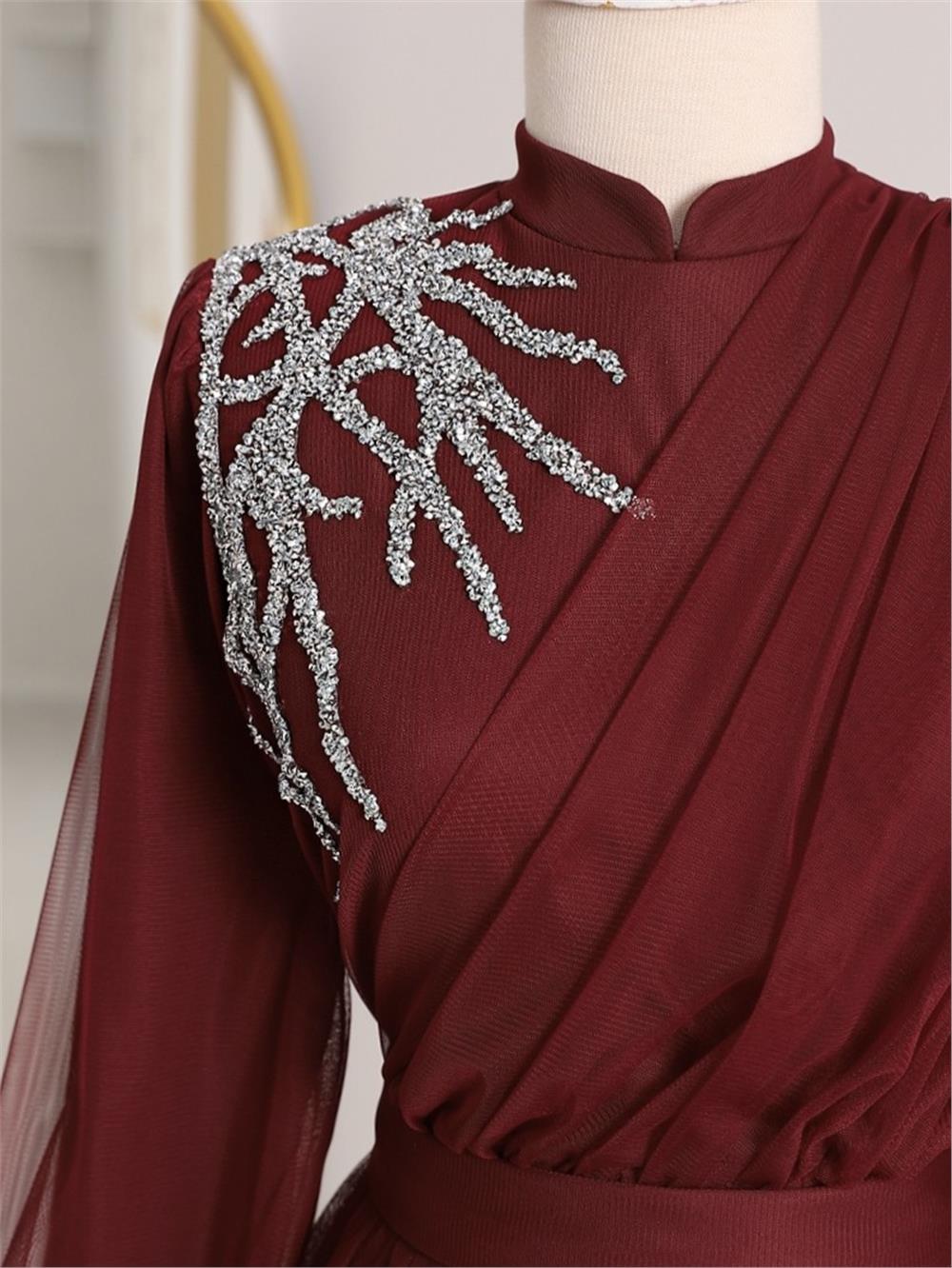 Stone Detailed Draped Belt Tulle Evening Dress -Maroon-316-4245-R04