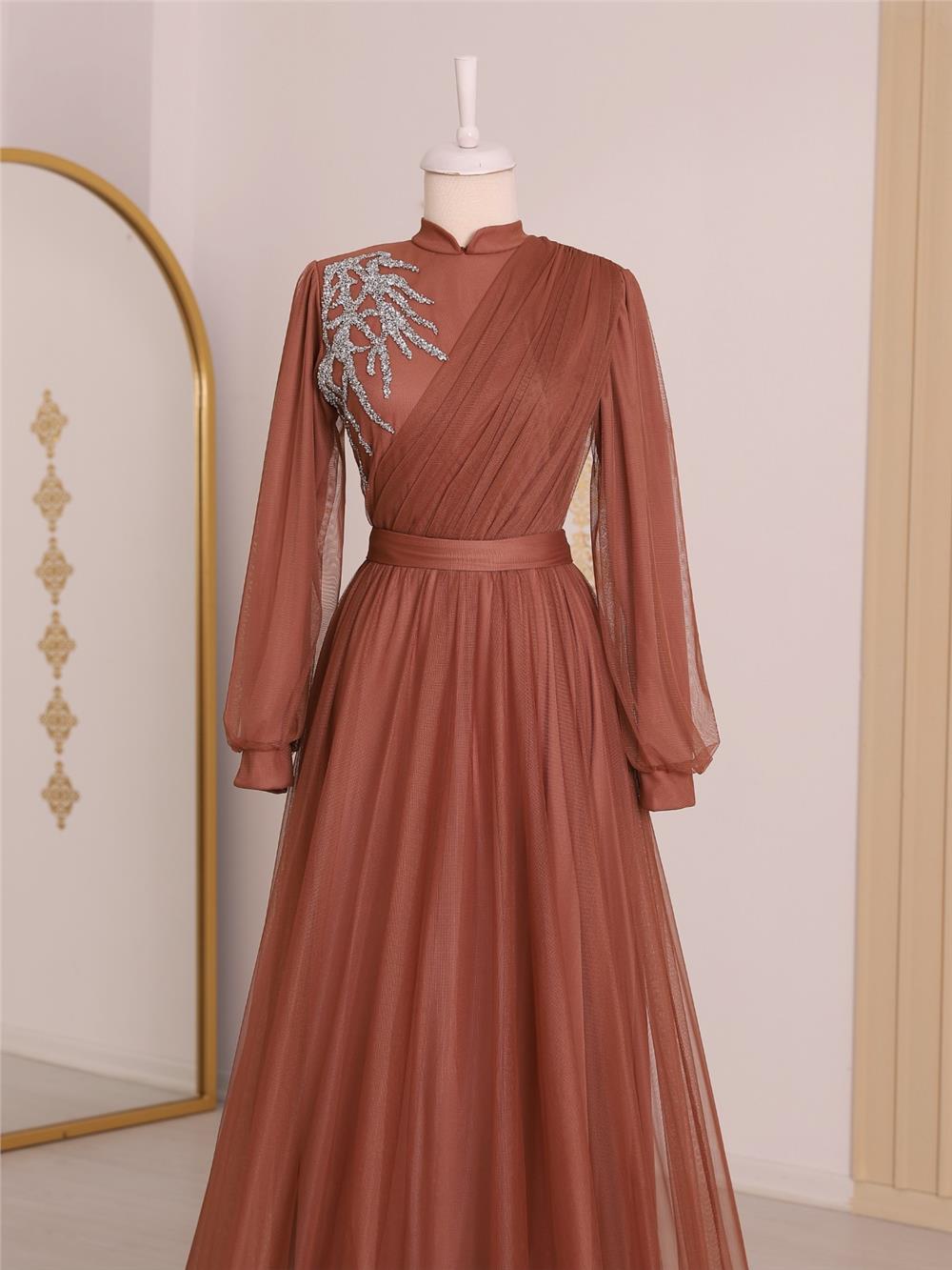 Stone Detailed Draped Belt Tulle Evening Dress -Cinnamon-316-4245-R45