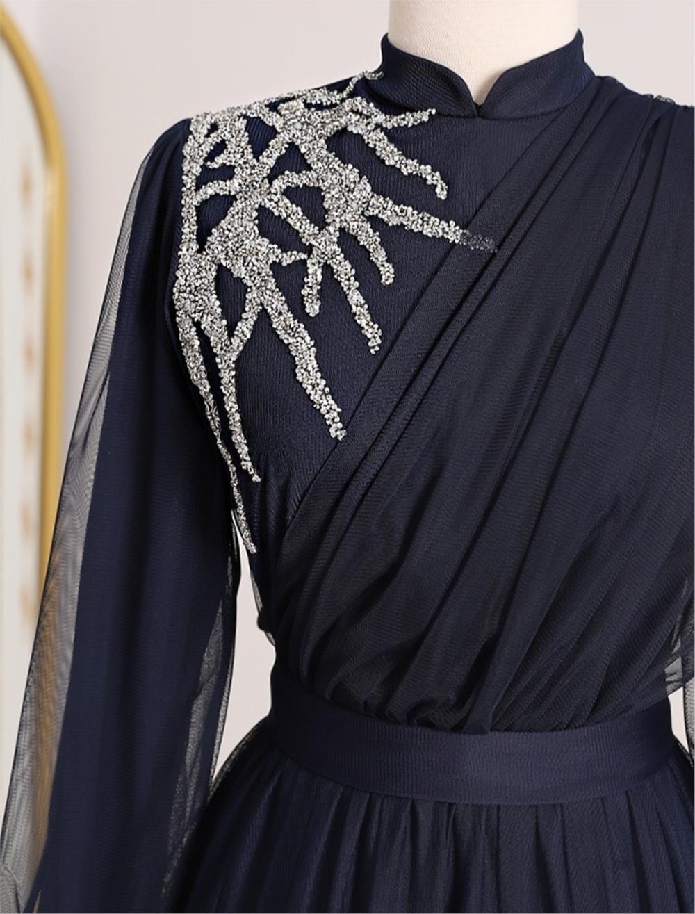 Stone Detailed Draped Belt Tulle Evening Dress -Navy Blue-316-4245-R03
