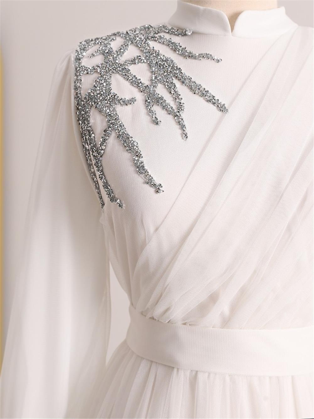 Stone Detailed Draped Belt Tulle Evening Dress -White-316-4245-R02