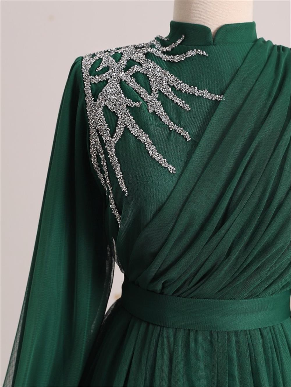 Stone Detailed Draped Belt Tulle Evening Dress -Emerald-316-4245-R17