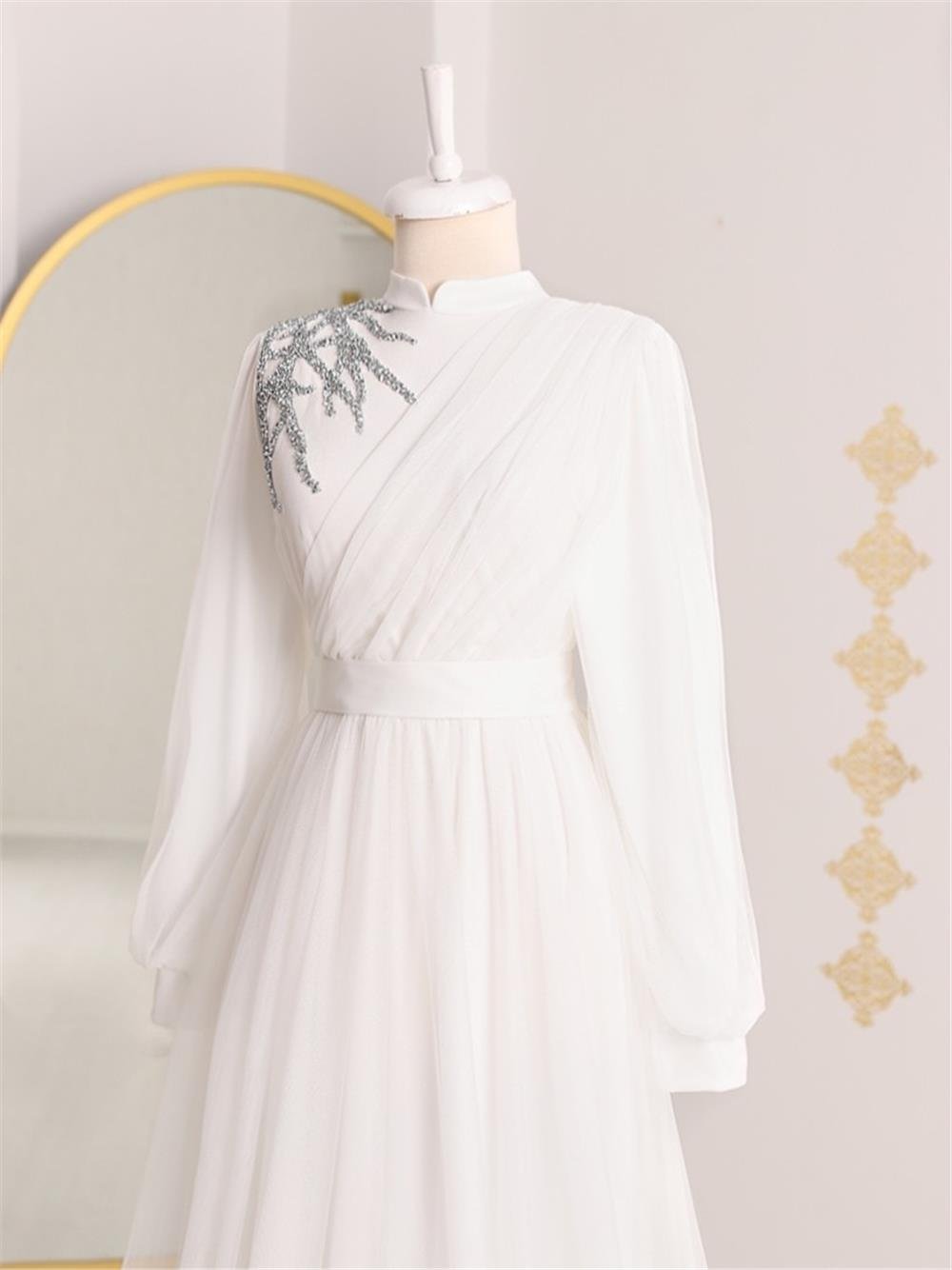 Stone Detailed Draped Belt Tulle Evening Dress -White-316-4245-R02