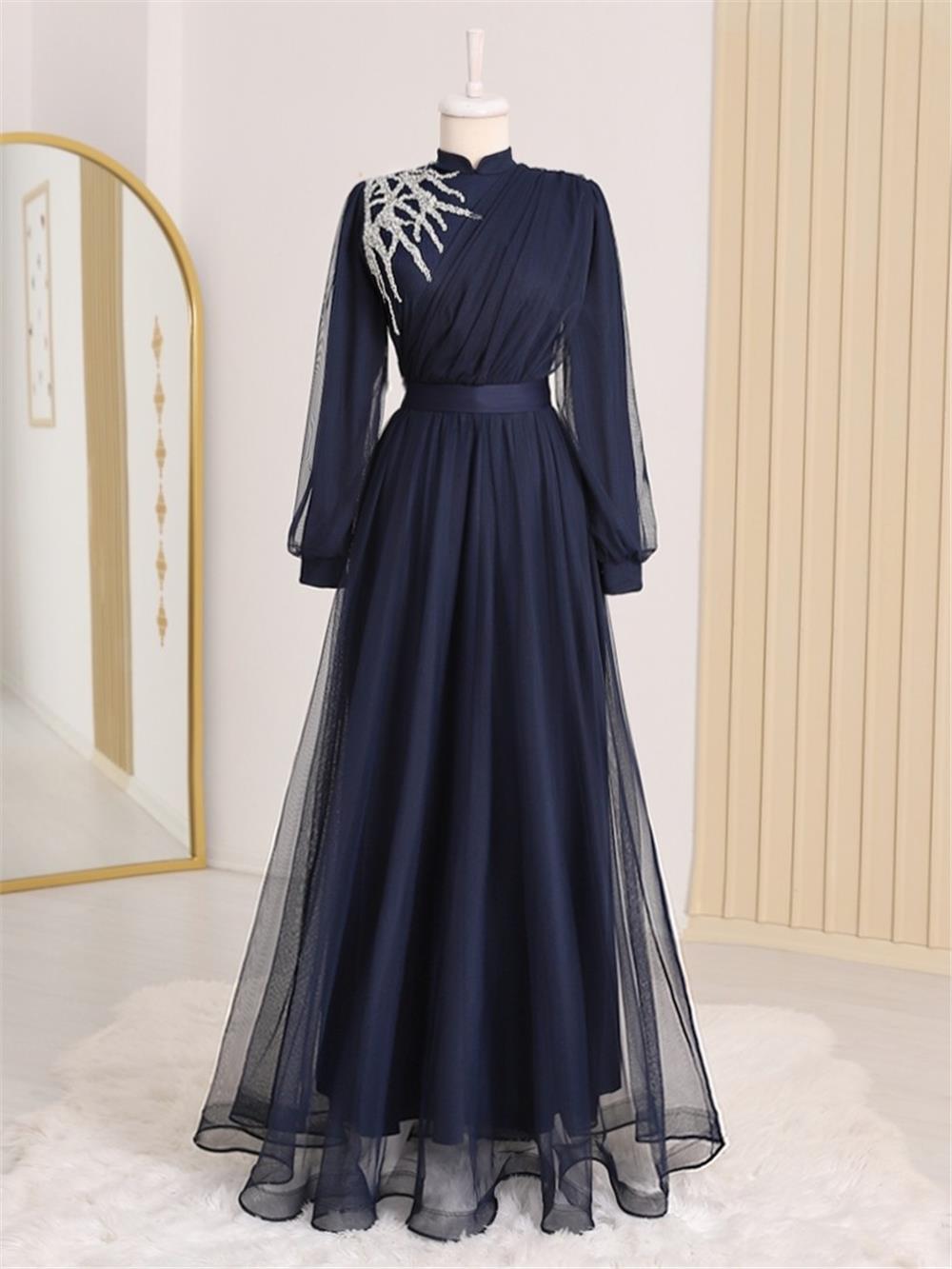 Stone Detailed Draped Belt Tulle Evening Dress -Navy Blue-316-4245-R03