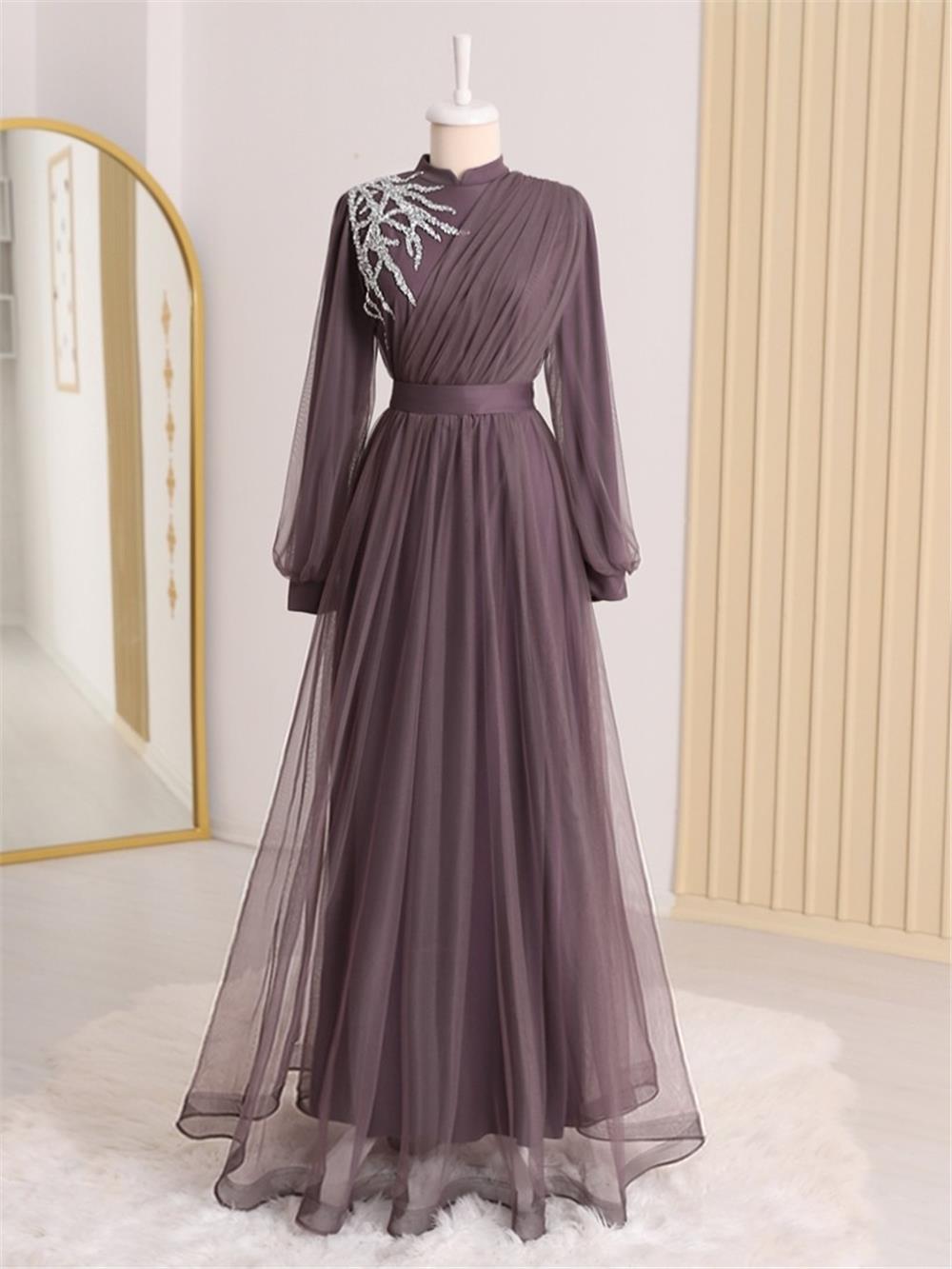 Stone Detailed Draped Belt Tulle Evening Dress -Cherry Color-316-4245-R44