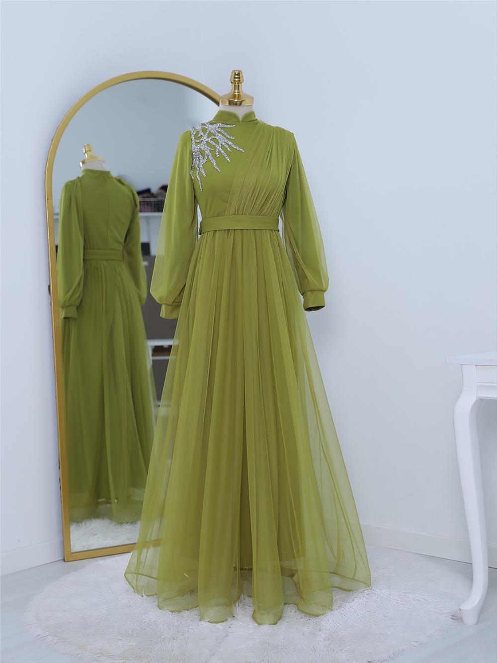 Draped Belted Tulle Evening Dress with Stone Detail on the Front -Oil Green-316-4245-R72