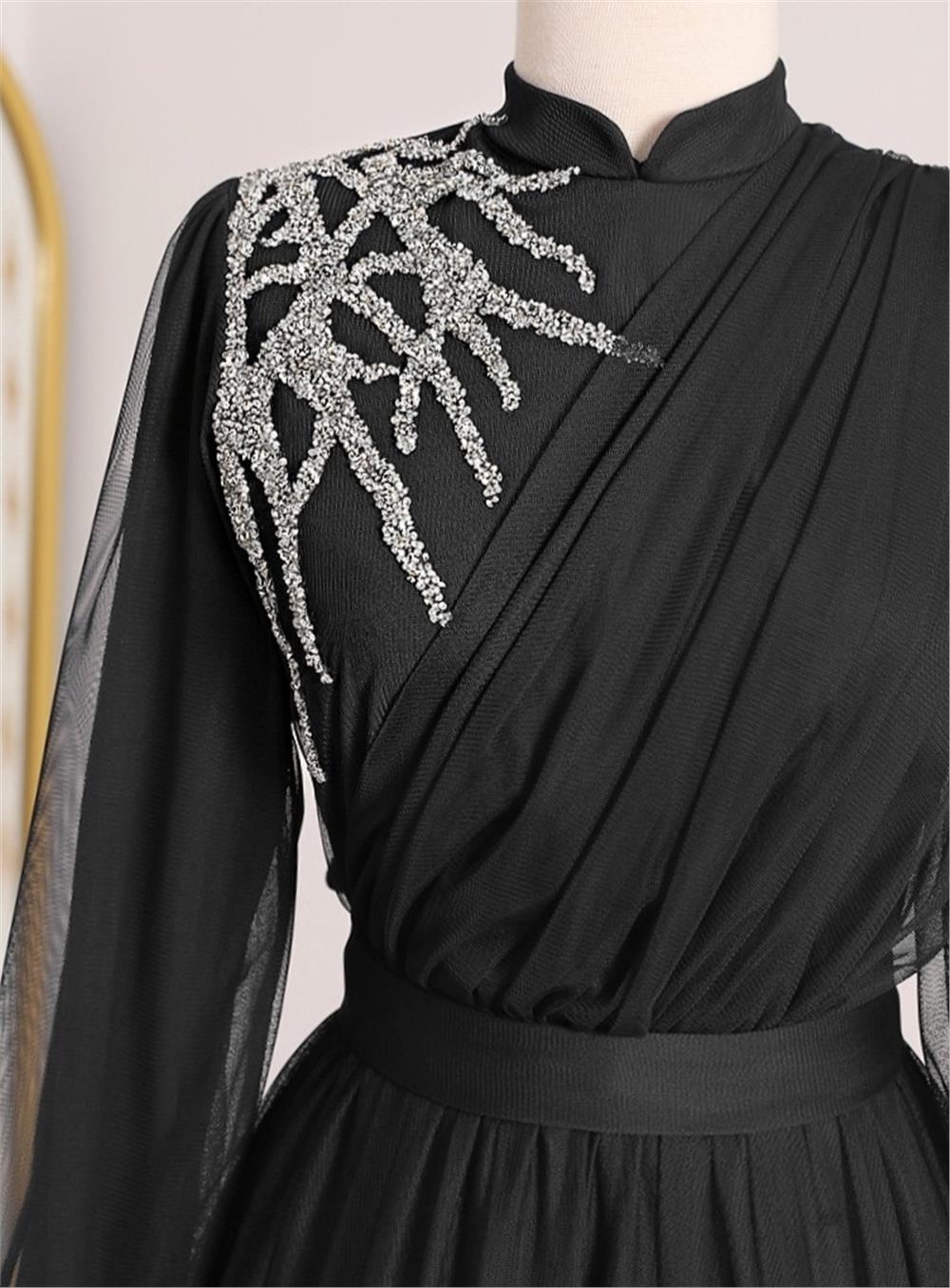Stone Detailed Draped Belt Tulle Evening Dress -Black-316-4245-R01