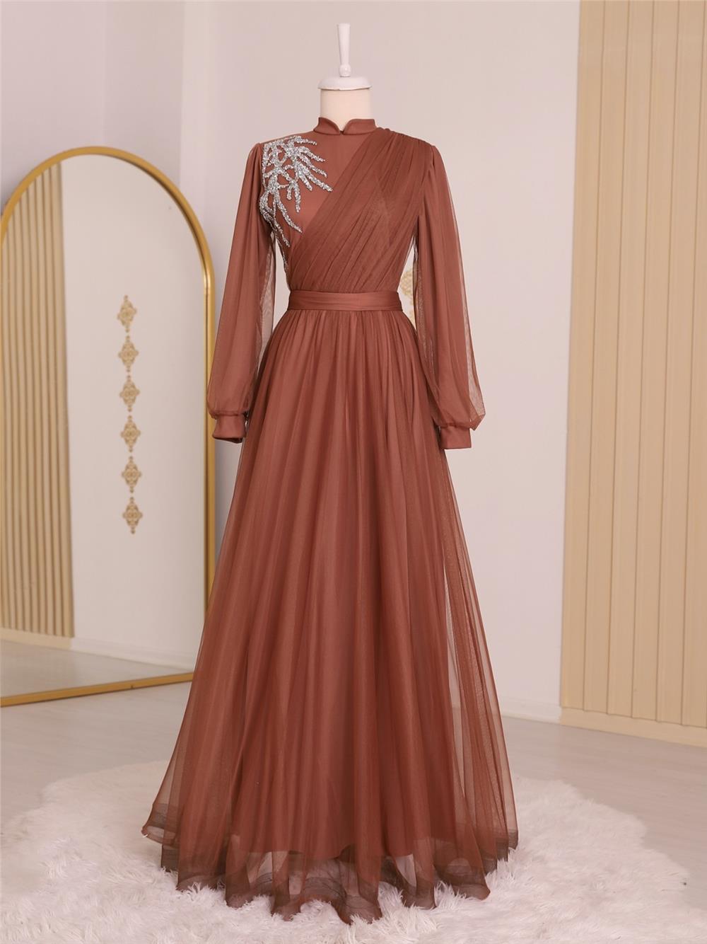 Stone Detailed Draped Belt Tulle Evening Dress -Cinnamon-316-4245-R45