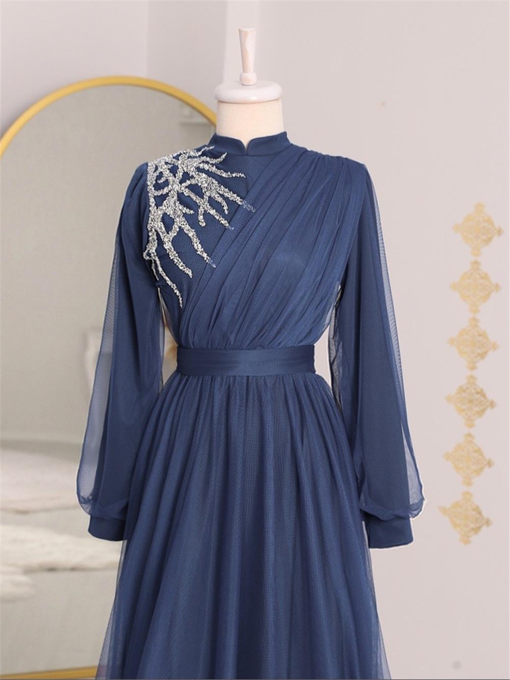 Stone Detailed Draped Belt Tulle Evening Dress   -Dark Blue-316-4245-R26