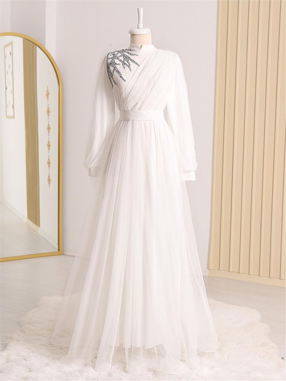Stone Detailed Draped Belt Tulle Evening Dress -White-316-4245-R02