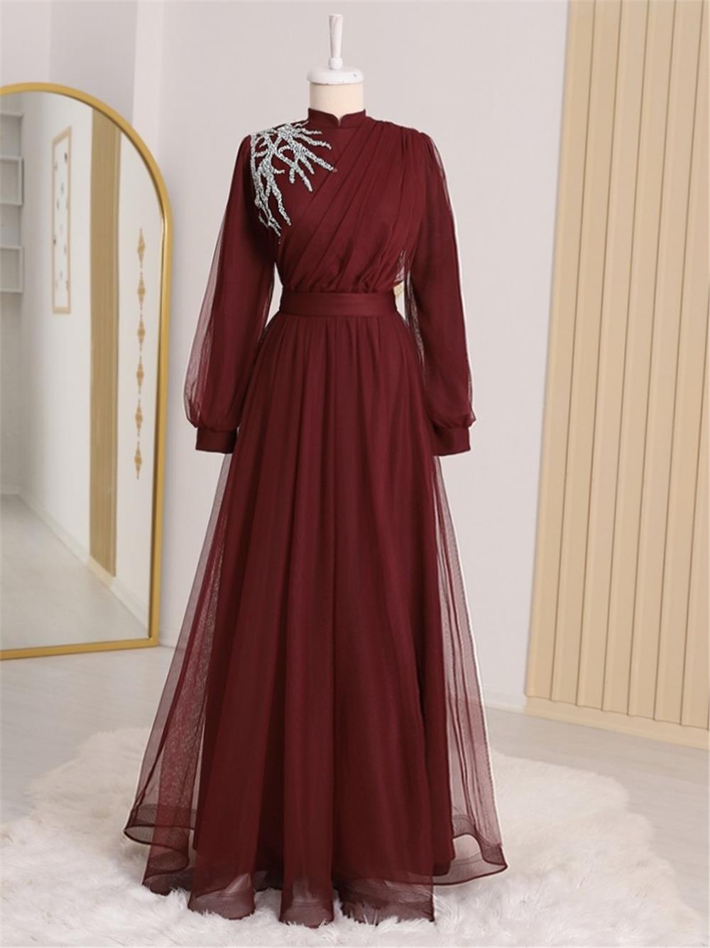 Stone Detailed Draped Belt Tulle Evening Dress -Maroon-316-4245-R04
