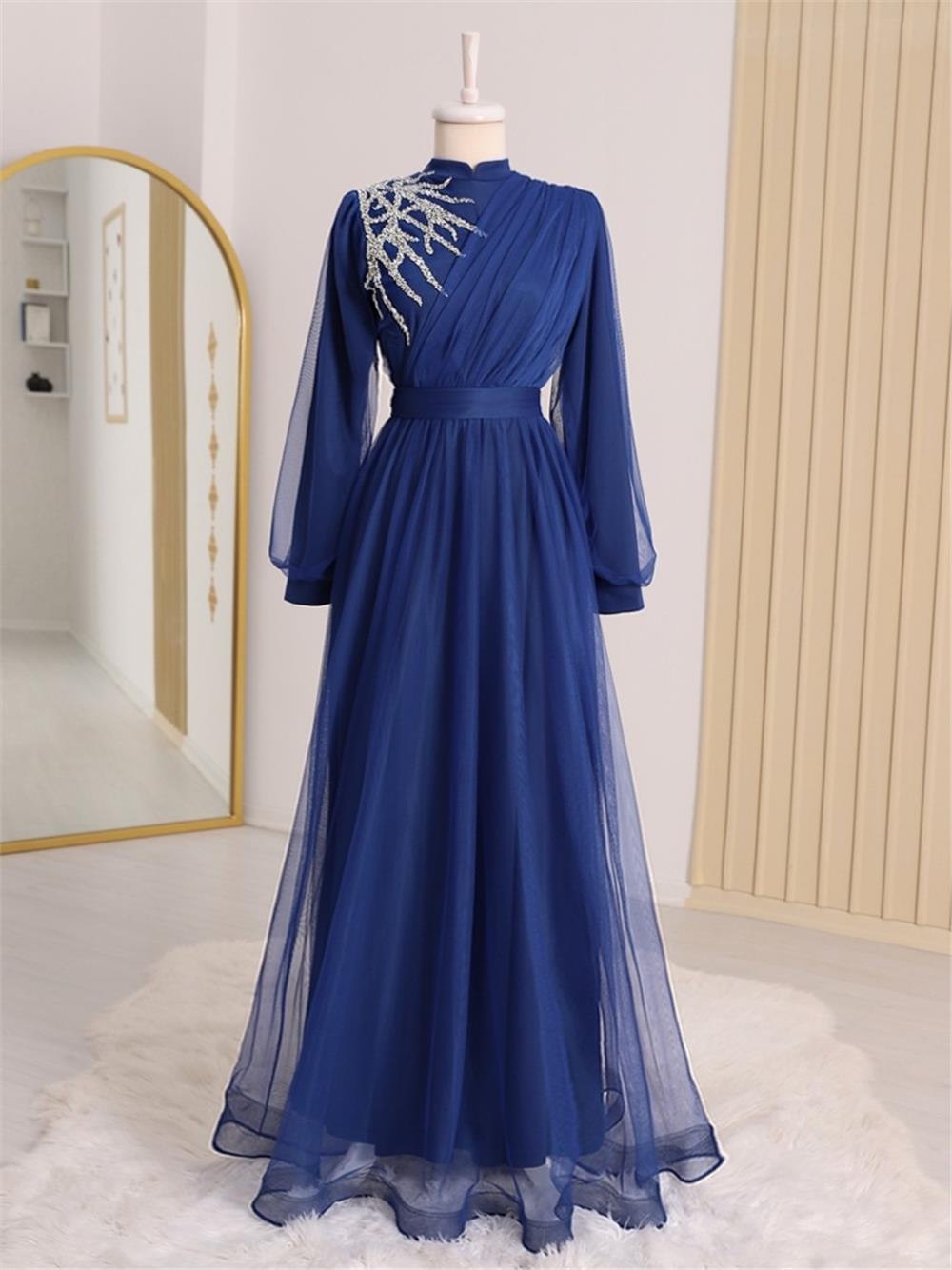Stone Detailed Draped Belt Tulle Evening Dress -Saxe-316-4245-R10