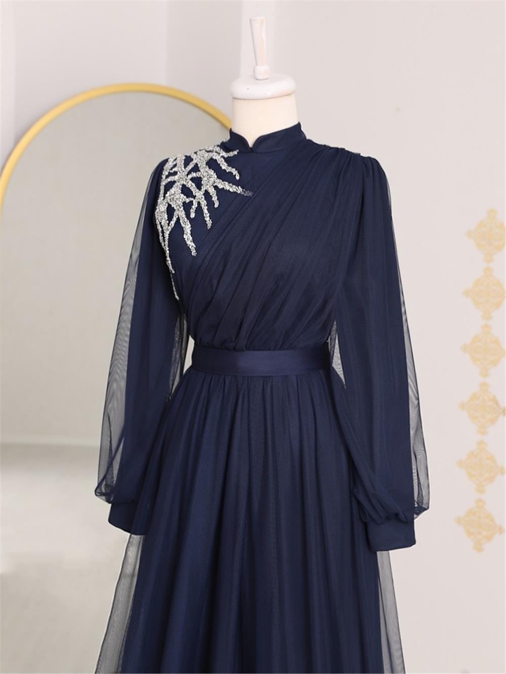 Stone Detailed Draped Belt Tulle Evening Dress -Navy Blue-316-4245-R03