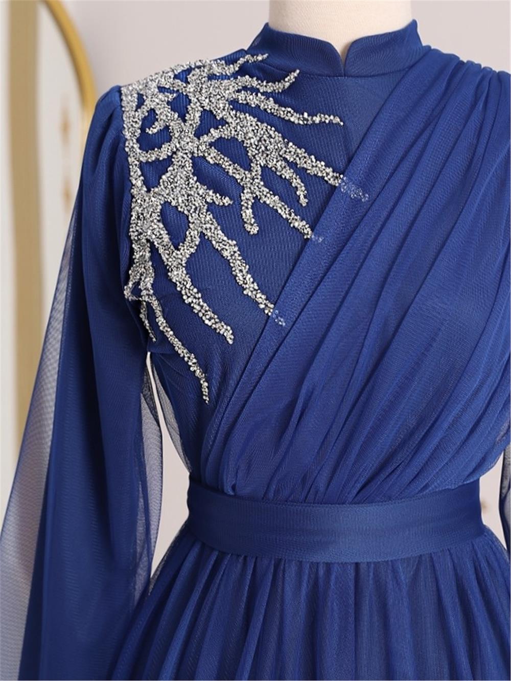 Stone Detailed Draped Belt Tulle Evening Dress -Saxe-316-4245-R10