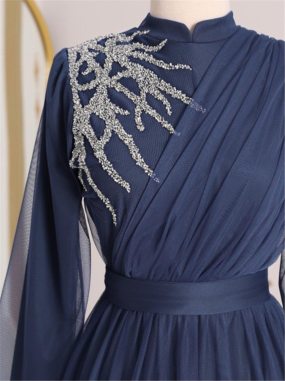Stone Detailed Draped Belt Tulle Evening Dress   -Dark Blue-316-4245-R26