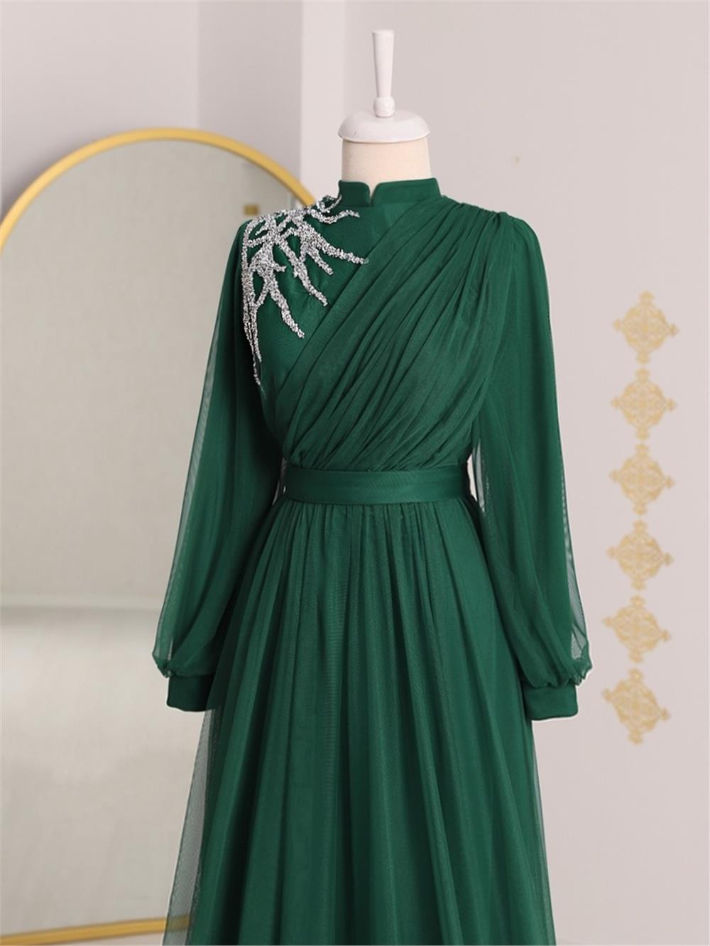 Stone Detailed Draped Belt Tulle Evening Dress -Emerald-316-4245-R17