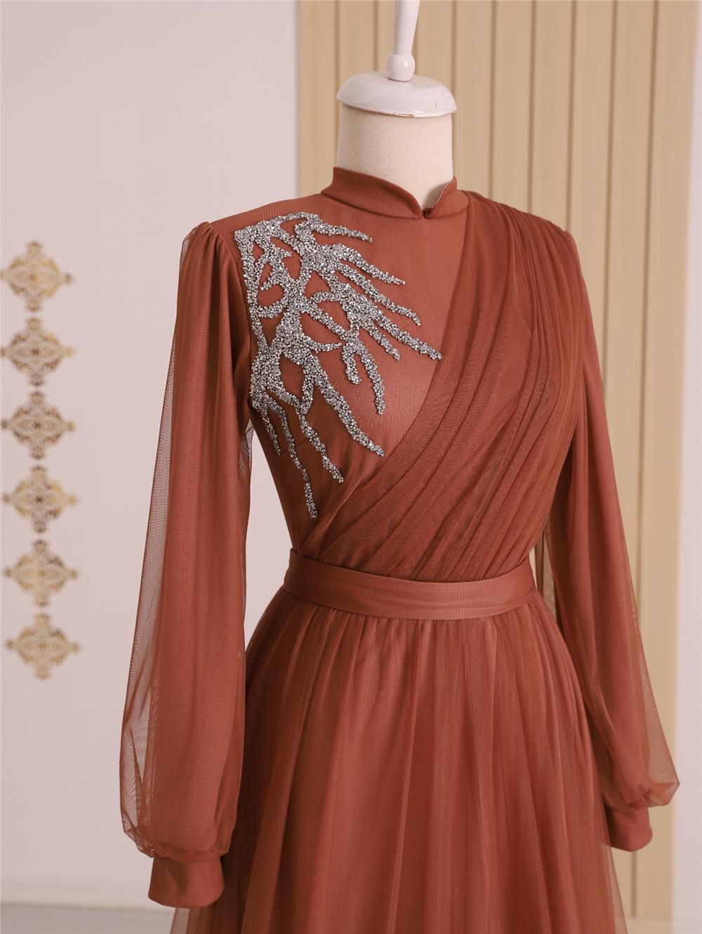 Stone Detailed Draped Belt Tulle Evening Dress -Cinnamon-316-4245-R45
