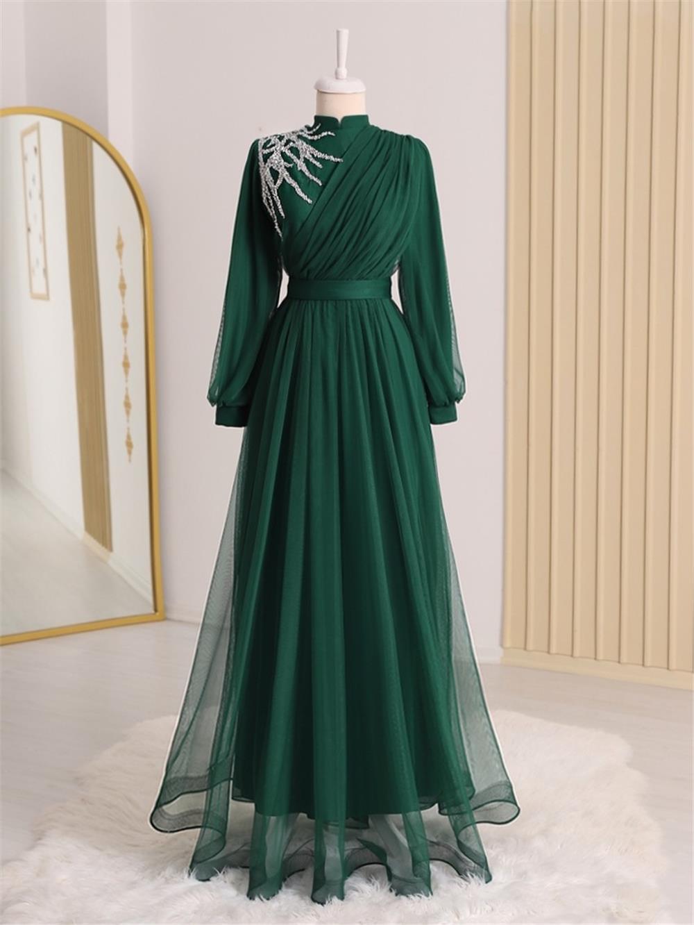 Stone Detailed Draped Belt Tulle Evening Dress -Emerald-316-4245-R17