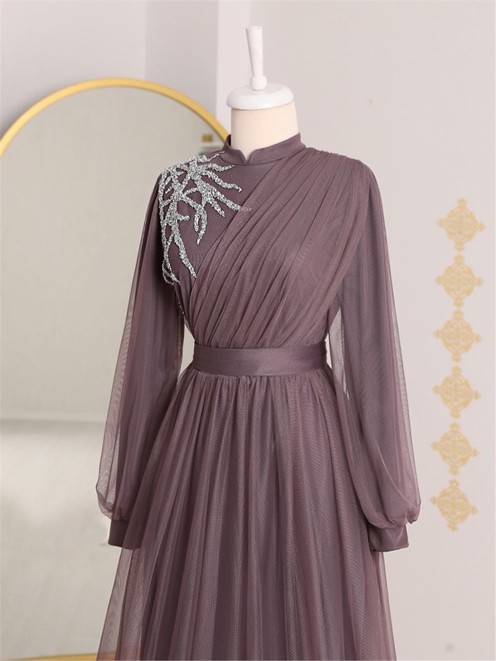 Stone Detailed Draped Belt Tulle Evening Dress -Cherry Color-316-4245-R44