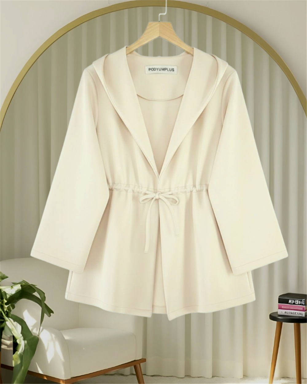 Önü Tünel Bağcıklı Scuba Kimono -Bej-223-3066-R56