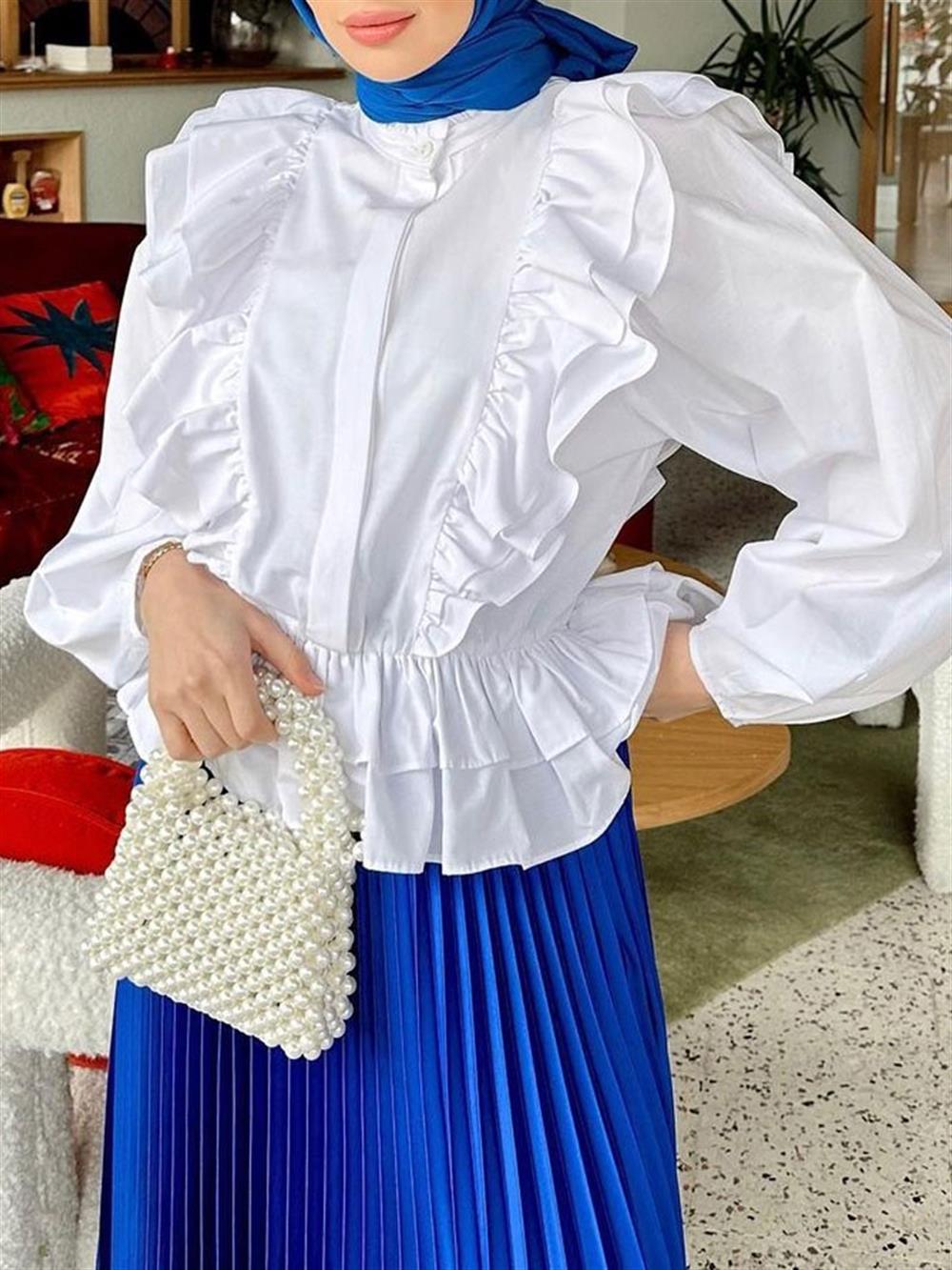 Önü Ve Eteği Fırfırlı Beli Lastikli Gömlek -Beyaz