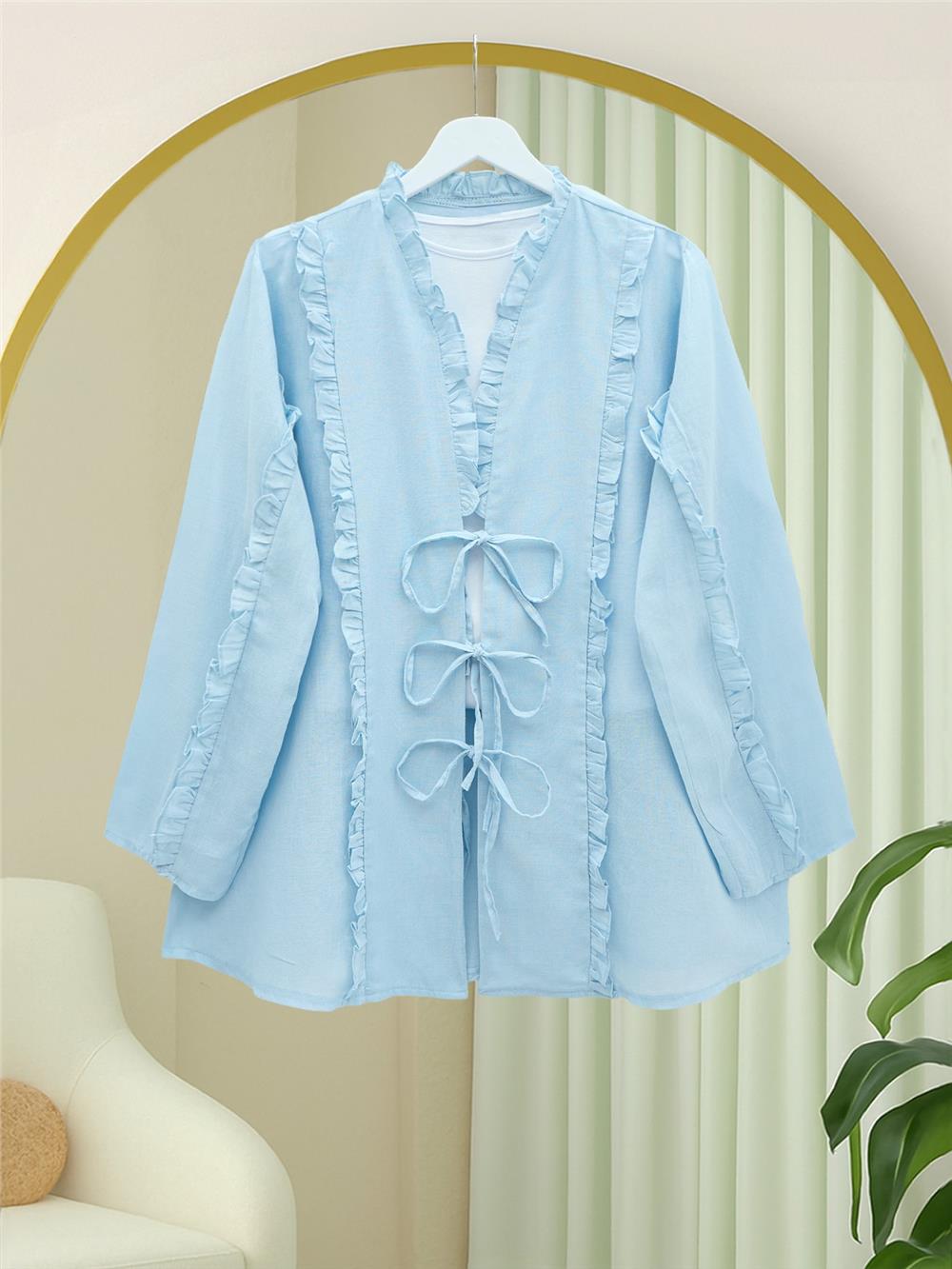 Önü Ve Kolu Fırfırlı Bağlamalı Keten Gömlek -Bebe Mavi-362-4457-R32